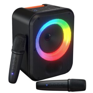 Portronics 30W Dash Wireless Bluetooth Portable Speaker with Dual Wireless Karaoke Mic, Echo Control, 5 Hour Playtime, RGB LED Light, Bluetooth V5.4, Easy Grab Handle, USB in, Type C Charging(Black)