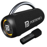 Click to see full view Portronics 30W Radiant 2 Portable Bluetooth Speaker with Wireless Karaoke Mic,6 Hour Playtime,HD Clarity Sound, Dual Driver, RGB LEDs, TWS Mode, BT5.3v, USB Drive, Aux in, Type C Fast Charging(Black)