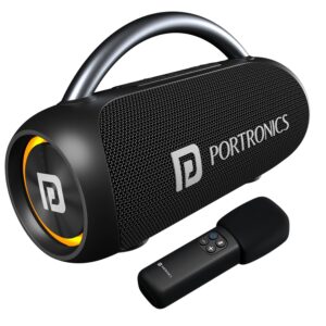 Click to see full view Portronics 30W Radiant 2 Portable Bluetooth Speaker with Wireless Karaoke Mic,6 Hour Playtime,HD Clarity Sound, Dual Driver, RGB LEDs, TWS Mode, BT5.3v, USB Drive, Aux in, Type C Fast Charging(Black)